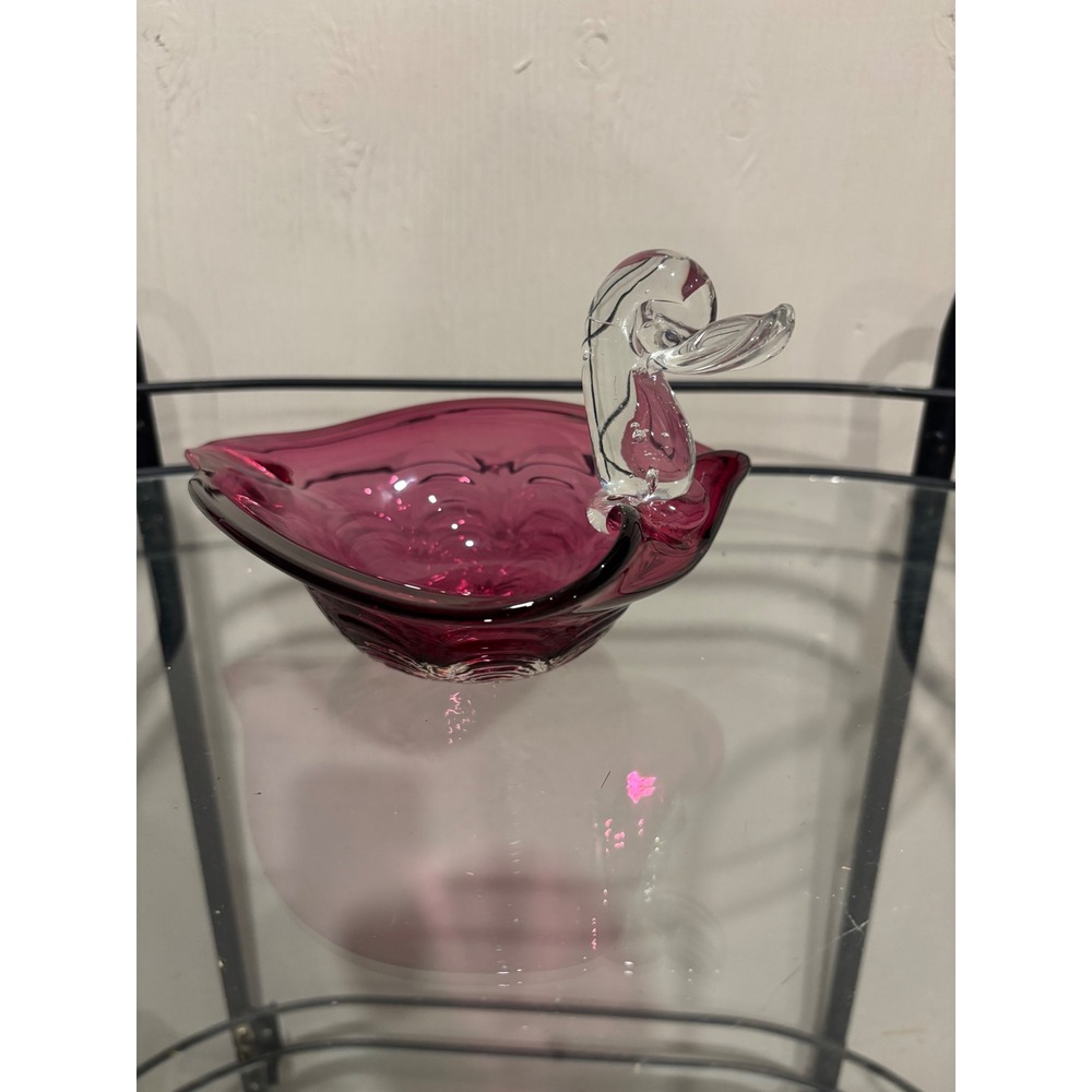 Vintage Cranberry Pink Art Glass Swan Trinket Dish Heart Shaped Bowl Hand Blown